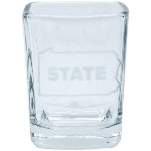 square shot glass with etched STATE inside PA state outline